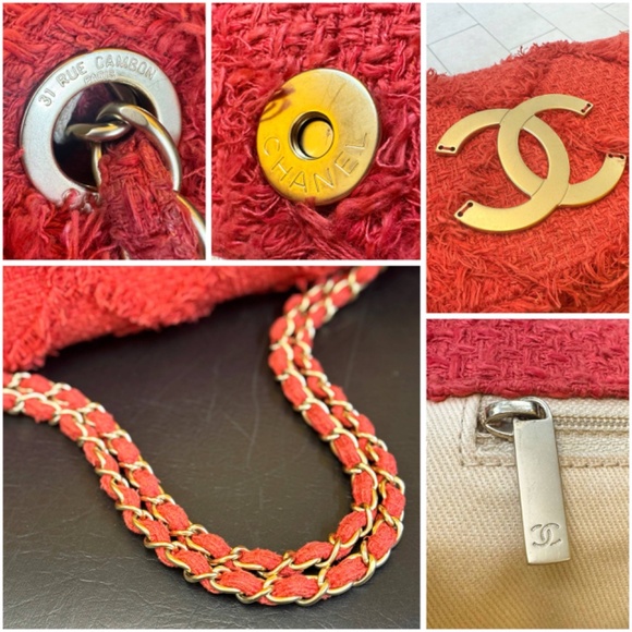 Chanel Red Jumbo CC Tweed Nature Flap Shoulder Bag & Dust bag - Picture 15 of 16